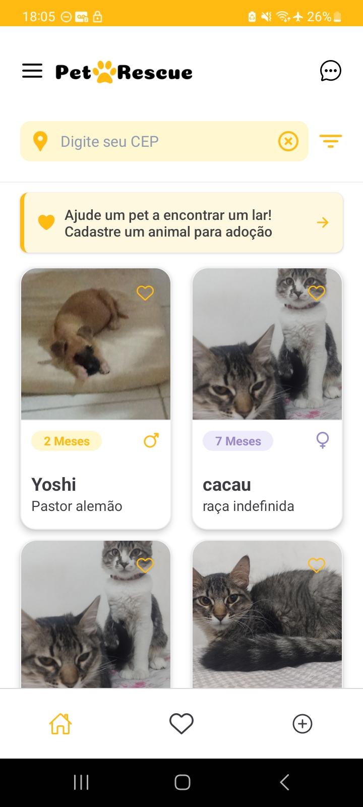 Pet Rescue App Mobile - Interface do aplicativo mostrando pets disponíveis para adoção